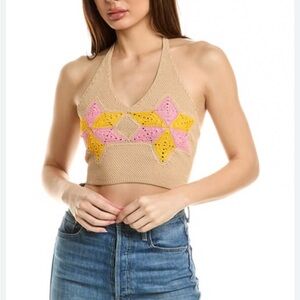 Sandro Crochet Halter Top with Pink and Yellow Design